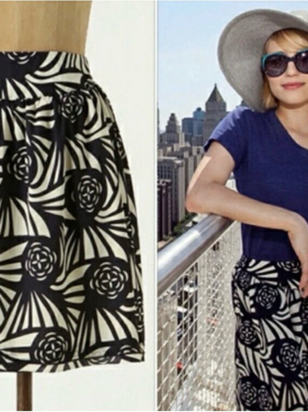 Anthropologie Floral Graphic A-Line Skirt in Black and Cream